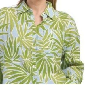 Sigrid Olsen Green and Blue Leaf Print Linen Button Down Tunic Pointed Collar 💚🩵